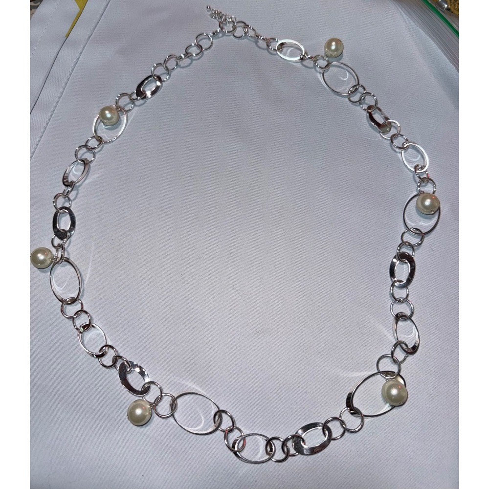 Silver Tone Multi Link Faux Pearl Station Necklace Adjustable Lobster Clasp 32in
